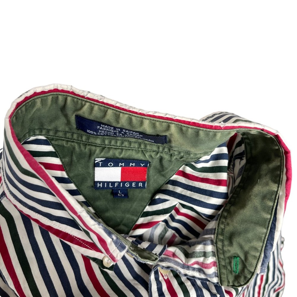 Vintage Tommy Hilfiger Button Down Shirt Mens L Short Sleeve Crest Multi Stripe - Picture 6 of 8